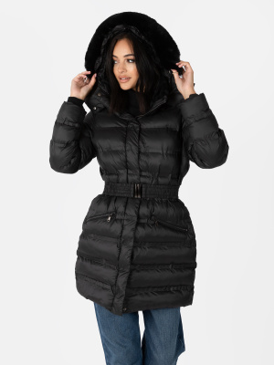 Lovedrobe Black Belted Puffer Coat with Removable Faux Fur Hood - STRAIGHT SIZE Wholesale Pack