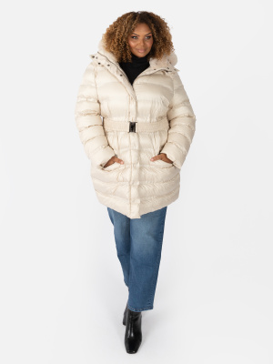 Lovedrobe Stone Belted Puffer Coat with Removable Faux Fur Hood - PLUS SIZE Wholesale Pack