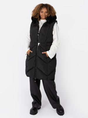Lovedrobe Black Chevron Longline Faux Fur Hood Gilet - PLUS SIZE Wholesale Pack