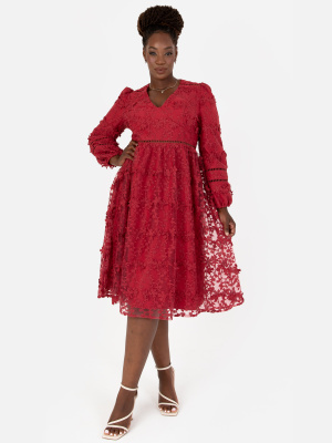Maya Red 3D Floral Embroidered Long Sleeve Midi Dress - PLUS SIZE Wholesale Pack