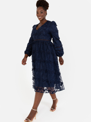 Maya Navy 3D Floral Embroidered Long Sleeve Midi Dress - PLUS SIZE Wholesale Pack