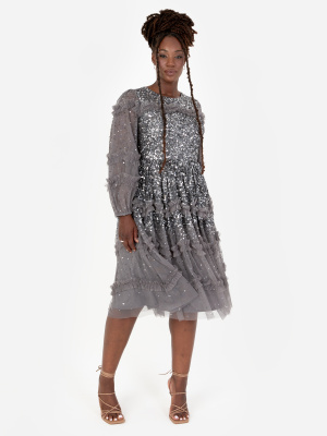 Maya Charcoal Fully Embellished Long Sleeve Midi Dress - PLUS SIZE Wholesale Pack
