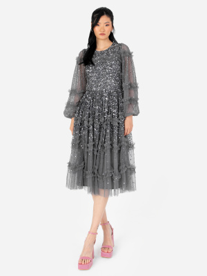 Maya Charcoal Fully Embellished Long Sleeve Midi Dress - STRAIGHT SIZE Wholesale Pack