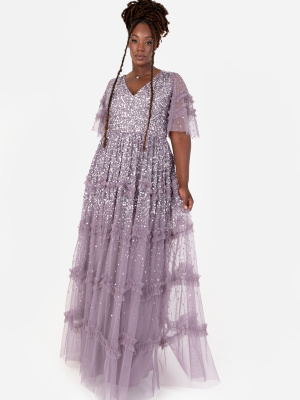 Maya Moody Lilac Fully Embellished Short Sleeve Maxi Dress - PLUS SIZE Wholesale Pack