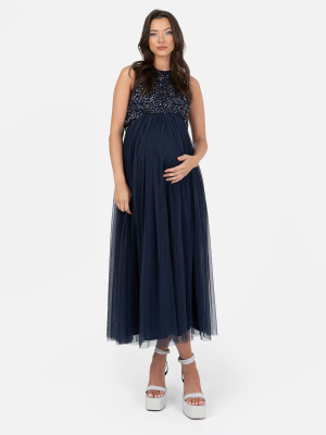 Maya Navy Sleeveless Embellished Maternity Dress - Wholesale Pack