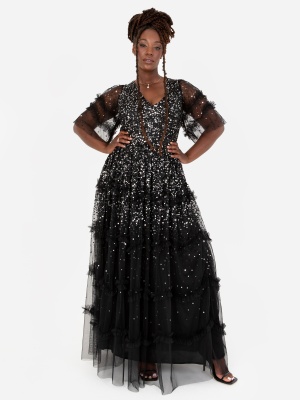 Maya Black Fully Embellished Short Sleeve Maxi Dress - PLUS SIZE Wholesale Pack