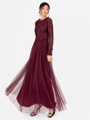 Maya Red Berry Long Sleeve Embellished Maxi Dress - STRAIGHT SIZE Wholesale Pack