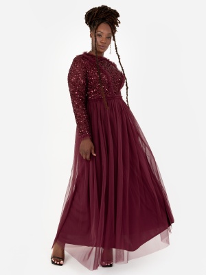 Maya Red Berry Long Sleeve Embellished Maxi Dress - PLUS SIZE Wholesale Pack