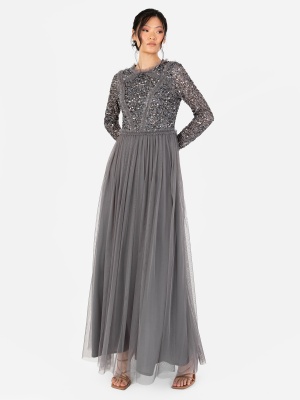 Maya Charcoal Long Sleeve Embellished Maxi Dress - STRAIGHT SIZE Wholesale Pack