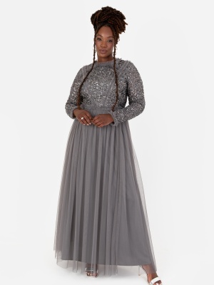 Maya Charcoal Long Sleeve Embellished Maxi Dress - PLUS SIZE Wholesale Pack