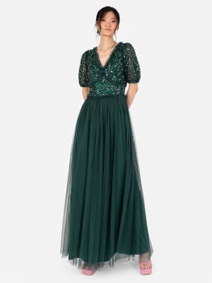 Maya Emerald Green Short Sleeve Embellished Maxi Dress - STRAIGHT SIZE Wholesale Pack
