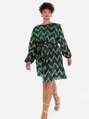 Lovedrobe Luxe Zig-Zag Sequin Long Sleeve Belted Mini Dress - PLUS SIZE Wholesale Pack