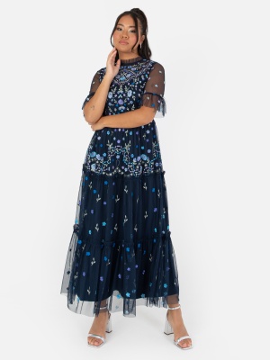 Maya Navy Embroidered Half Sleeve Midi Dress - STRAIGHT SIZE Wholesale Pack