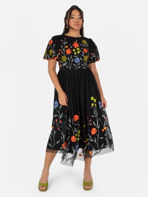 Maya Black Floral Embroidered Midi Dress With Keyhole Back - STRAIGHT SIZE Wholesale Pack