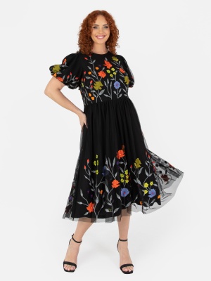 Maya Black Floral Embroidered Midi Dress With Keyhole Back - PLUS SIZE Wholesale Pack