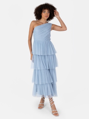 Anaya With Love Recycled Soft Blue One Shoulder Tiered Midi Dress - STRAIGHT SIZE Wholesale Pack