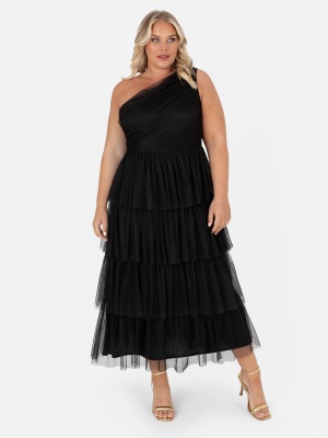 Anaya With Love Recycled Black One Shoulder Tiered Midi Dress - PLUS SIZE Wholesale Pack