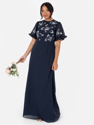 Maya Navy Floral Embellished Angel Sleeve Chiffon Maxi Dress - STRAIGHT SIZE Wholesale Pack