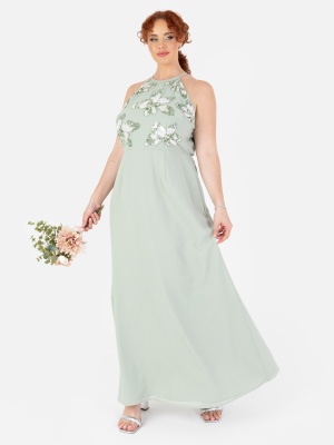 Maya Sage Green Floral Embellished Halter Neck Chiffon Maxi Dress - PLUS SIZE Wholesale Pack