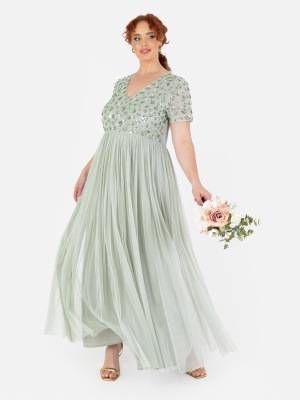 Maya Sage Green Floral Embellished Short Sleeve Maxi Dress - PLUS SIZE Wholesale Pack