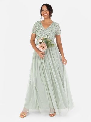 Maya Sage Green Floral Embellished Short Sleeve Maxi Dress - STRAIGHT SIZE Wholesale Pack