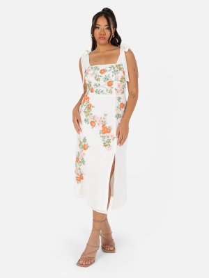 Maya Cream Tie-Shoulder Strappy Embellished Midi Dress