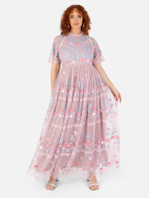 Maya Frosted Pink Embroidered Maxi Dress with Lace Trims - PLUS SIZE Wholesale Pack