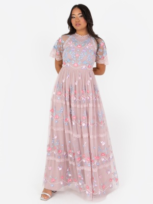 Maya Frosted Pink Embroidered Maxi Dress with Lace Trims - STRAIGHT SIZE Wholesale Pack