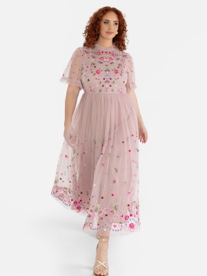 Maya Frosted Pink Embroidered Short Sleeve Midi Dress - PLUS SIZE Wholesale Pack