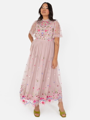Maya Frosted Pink Embroidered Short Sleeve Midi Dress - STRAIGHT SIZE Wholesale Pack