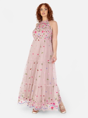 Maya Frosted Pink Halter Neck Embroidered Tiered Maxi Dress - PLUS SIZE Wholesale Pack