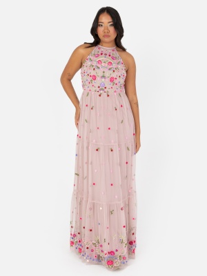 Maya Frosted Pink Halter Neck Embroidered Tiered Maxi Dress - STRAIGHT SIZE Wholesale Pack