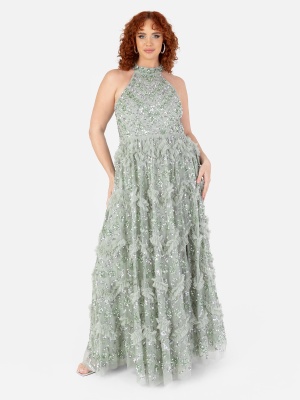 Maya Sage Green Fully Embellished Halter Neck Maxi Dress - PLUS SIZE Wholesale Pack