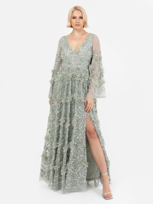 Maya Sage Green Fully Embellished Maxi Dress With Frill Detail  - STRAIGHT SIZE Wholesale Pack