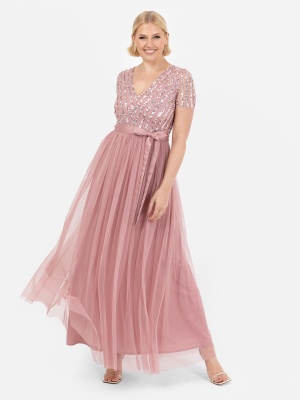 Maya Dusty Pink Stripe Embellished Maxi Dress With Sash Belt - STRAIGHT SIZE Wholesale Pack