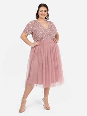 Maya Dusty Pink V Neckline Embellished Midi Dress - PLUS SIZE Wholesale Pack