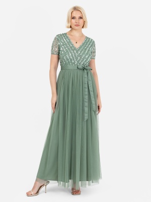 Maya Dark Sage Green Stripe Embellished Maxi Dress With Sash Belt - STRAIGHT SIZE Wholesale Pack