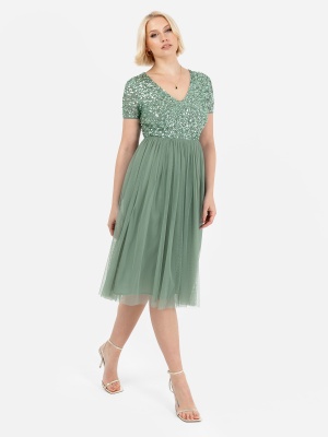Maya Dark Sage Green V Neckline Embellished Midi Dress - STRAIGHT SIZE Wholesale Pack