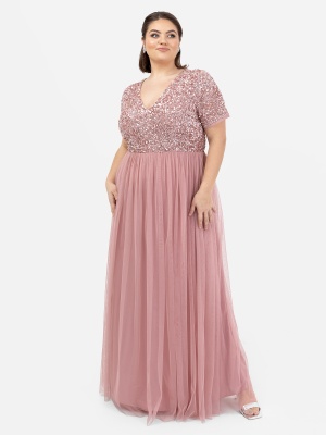 Maya Dusty Pink V Neckline Embellished Maxi Dress - PLUS SIZE Wholesale Pack