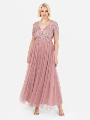 Maya Dusty Pink V Neckline Embellished Maxi Dress - STRAIGHT SIZE Wholesale Pack