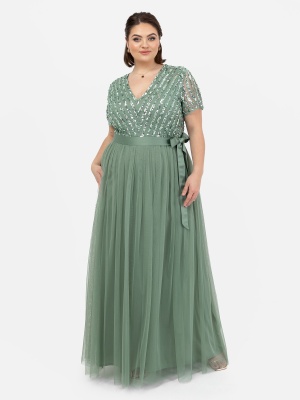 Maya Dark Sage Green Stripe Embellished Maxi Dress With Sash Belt - PLUS SIZE Wholesale Pack