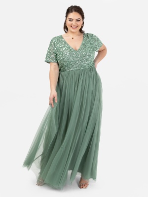 Maya Dark Sage Green V Neckline Embellished Maxi Dress - PLUS SIZE Wholesale Pack