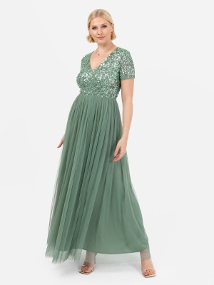 Maya Dark Sage Green V Neckline Embellished Maxi Dress - STRAIGHT SIZE Wholesale Pack