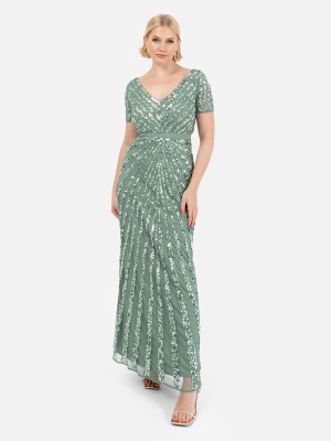 Maya Dark Sage Green Short Sleeve Stripe Embellished Maxi Dress - STRAIGHT SIZE Wholesale Pack