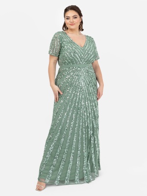 Maya Dark Sage Green Short Sleeve Stripe Embellished Maxi Dress - PLUS SIZE Wholesale Pack