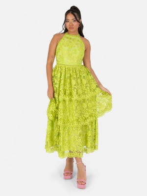 Maya Lime Green Halter Neck Tiered Lace Midi Dress