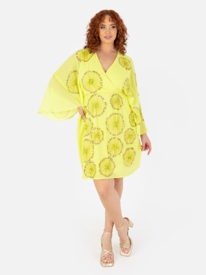 Maya Yellow Floral Motif Cape Sleeve Mini Dress - PLUS SIZE Wholesale Pack
