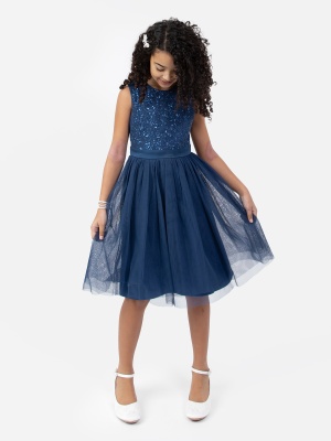 Mini Maya French Navy Delicate Sequin Midi Dress With Bow - Wholesale Pack