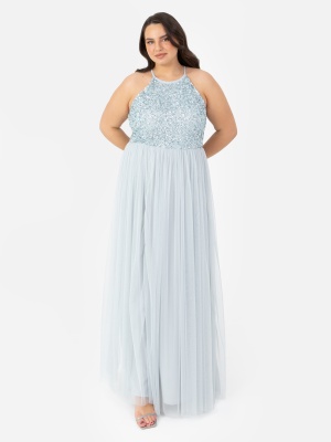 Maya Pale Blue Embellished Halter Neck Maxi Dress - PLUS SIZE Wholesale Pack