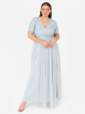Maya Pale Blue V Neckline Embellished Maxi Dress - PLUS SIZE Wholesale Pack